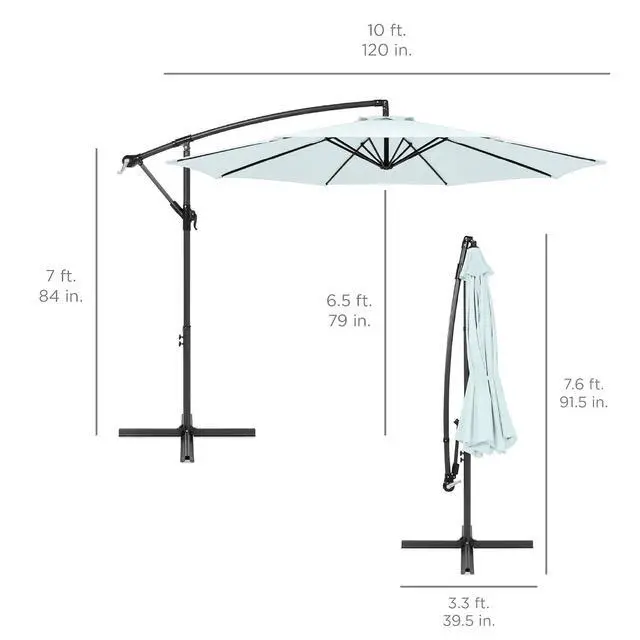 Alt view image 7 of 7 - 10ft Offset Cantilever Hanging Market Patio Umbrella, 8 Sturdy Ribs, Easy Adjustment - Baby Blue
