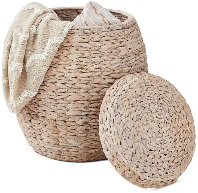 Main image of Multipurpose Hyacinth Storage Basket, Plant Décor, Handwoven Organizer Tote for Bedroom, Living Room, Nursery, w/Lid - Whitewash