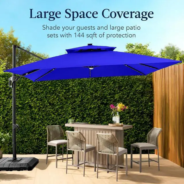 Alt view image 4 of 7 - 12x12ft LED Cantilever Patio Umbrella w/Base Included & 360° Rotation, Large Solar Offset Hanging Outdoor Sun Shade for Deck, Backyard Table w/Stand & Lights Resort Blue