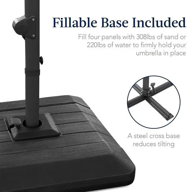 Alt view image 3 of 7 - 12x12ft LED Cantilever Patio Umbrella w/Base Included & 360° Rotation, Large Solar Offset Hanging Outdoor Sun Shade for Deck, Backyard Table w/Stand & Lights Rust