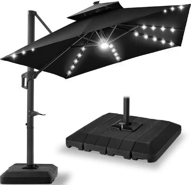 Main image of 12x12ft LED Cantilever Patio Umbrella w/Base Included & 360° Rotation, Large Solar Offset Hanging Outdoor Sun Shade for Deck, Backyard Table w/Stand & Lights Black