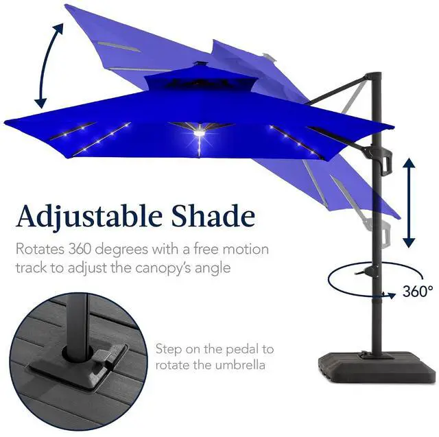 Alt view image 5 of 7 - 12x12ft LED Cantilever Patio Umbrella w/Base Included & 360° Rotation, Large Solar Offset Hanging Outdoor Sun Shade for Deck, Backyard Table w/Stand & Lights Resort Blue