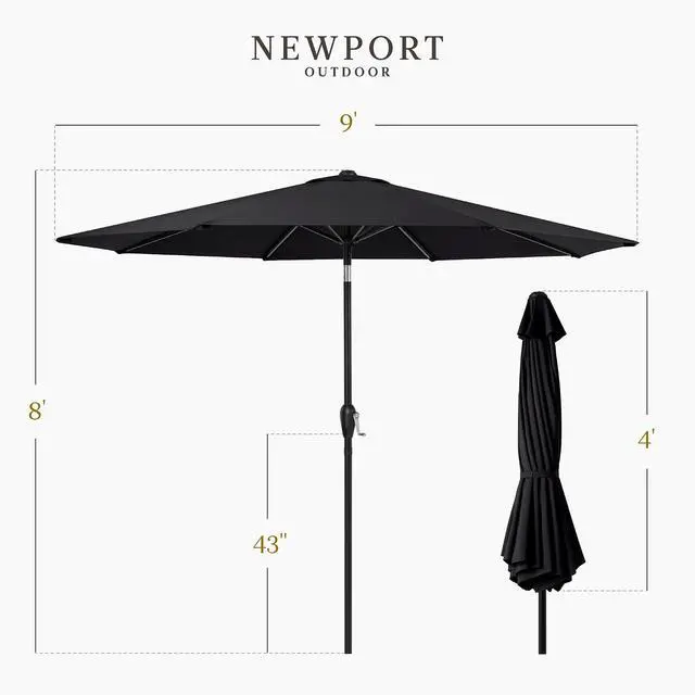Alt view image 2 of 7 - 9ft Commercial Grade Patio Umbrella, 5-Year Fade Resistant 260 GSM Polyester Canopy, Rustproof Aluminum Frame, Smooth Tilt & Crank for Patio, Restaurant, Pool & Deck - Black