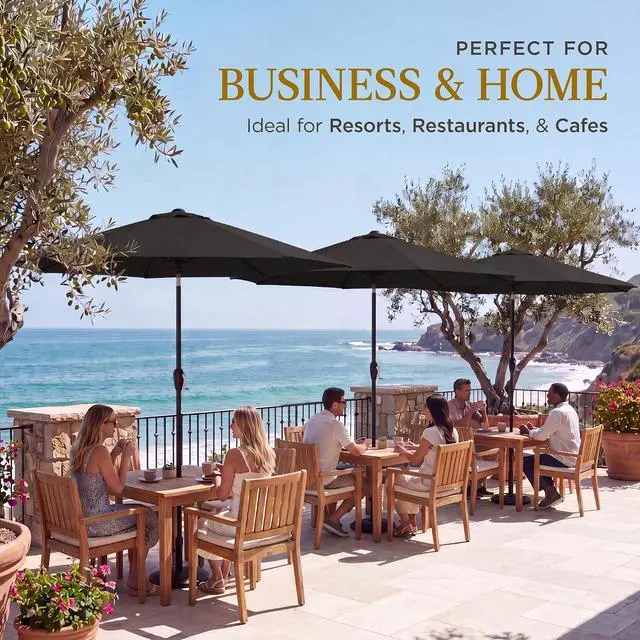 Alt view image 3 of 7 - 9ft Commercial Grade Patio Umbrella, 5-Year Fade Resistant 260 GSM Polyester Canopy, Rustproof Aluminum Frame, Smooth Tilt & Crank for Patio, Restaurant, Pool & Deck - Black