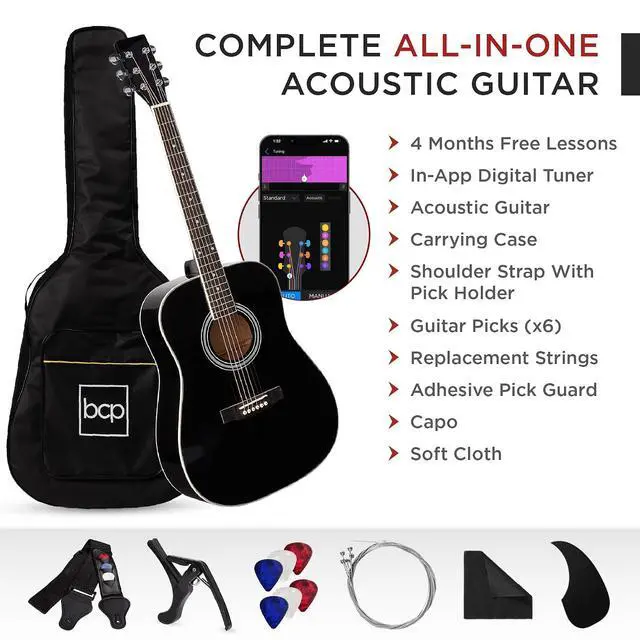 Alt view image 3 of 7 - 41in Full Size Beginner All Wood Acoustic Guitar Starter Set w/Gig Bag, Strap, Capo, Strings, Picks - Black
