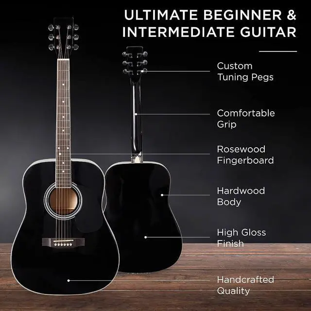 Alt view image 4 of 7 - 41in Full Size Beginner All Wood Acoustic Guitar Starter Set w/Gig Bag, Strap, Capo, Strings, Picks - Black