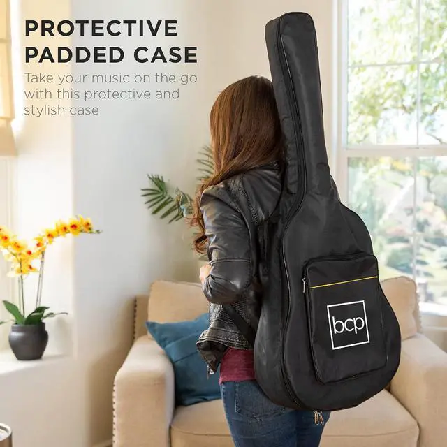 Alt view image 5 of 7 - 41in Full Size Beginner All Wood Acoustic Guitar Starter Set w/Gig Bag, Strap, Capo, Strings, Picks - Black