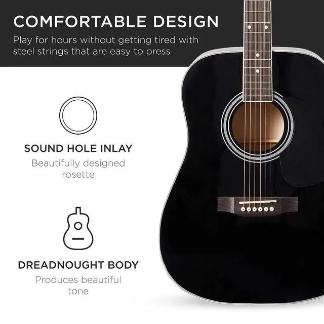 Alt view image 6 of 7 - 41in Full Size Beginner All Wood Acoustic Guitar Starter Set w/Gig Bag, Strap, Capo, Strings, Picks - Black
