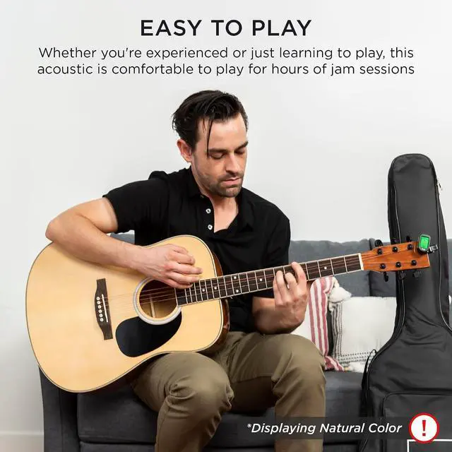 Alt view image 7 of 7 - 41in Full Size Beginner All Wood Acoustic Guitar Starter Set w/Gig Bag, Strap, Capo, Strings, Picks - Black