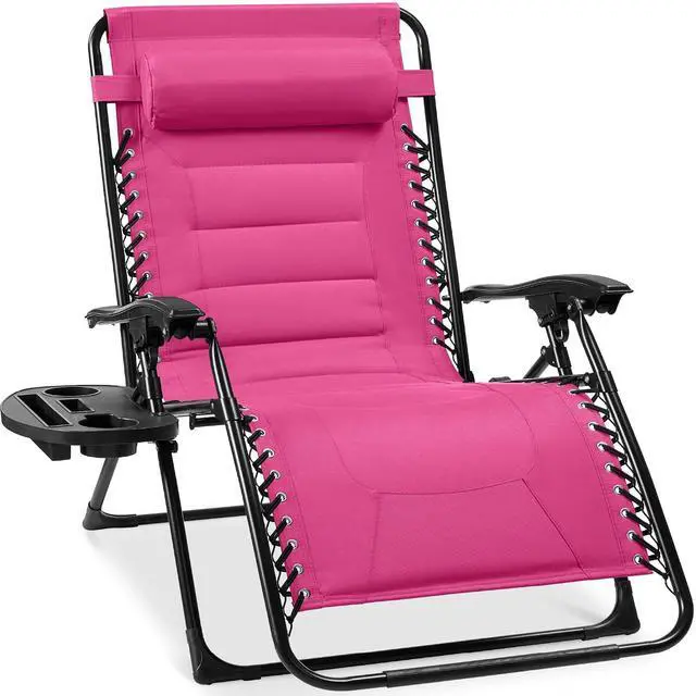 Main image of Oversized Padded Zero Gravity Chair, Folding Outdoor Patio Recliner, XL Anti Gravity Lounger for Backyard w/Headrest, Cup Holder, Side Tray, Polyester Mesh - Hot Pink