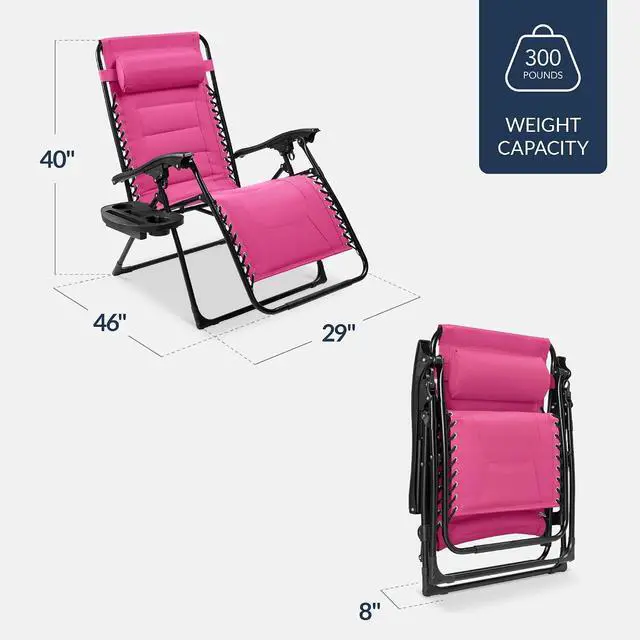 Alt view image 2 of 7 - Oversized Padded Zero Gravity Chair, Folding Outdoor Patio Recliner, XL Anti Gravity Lounger for Backyard w/Headrest, Cup Holder, Side Tray, Polyester Mesh - Hot Pink