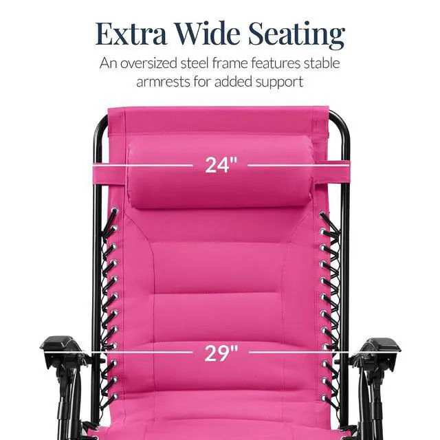 Alt view image 3 of 7 - Oversized Padded Zero Gravity Chair, Folding Outdoor Patio Recliner, XL Anti Gravity Lounger for Backyard w/Headrest, Cup Holder, Side Tray, Polyester Mesh - Hot Pink