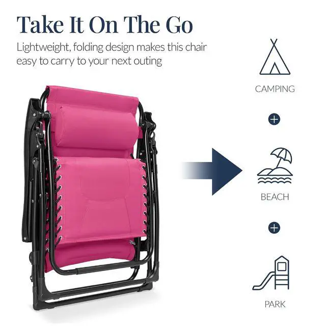 Alt view image 5 of 7 - Oversized Padded Zero Gravity Chair, Folding Outdoor Patio Recliner, XL Anti Gravity Lounger for Backyard w/Headrest, Cup Holder, Side Tray, Polyester Mesh - Hot Pink