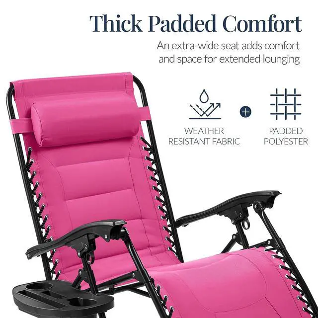 Alt view image 4 of 7 - Oversized Padded Zero Gravity Chair, Folding Outdoor Patio Recliner, XL Anti Gravity Lounger for Backyard w/Headrest, Cup Holder, Side Tray, Polyester Mesh - Hot Pink