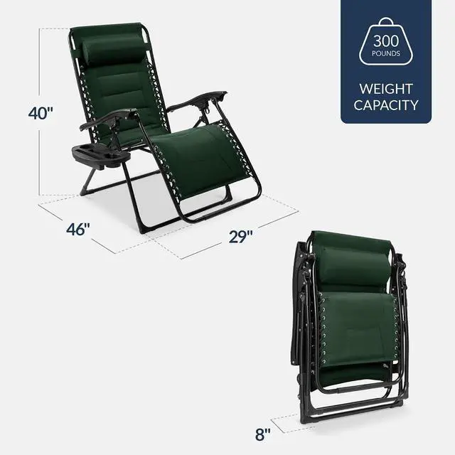 Alt view image 2 of 7 - Oversized Padded Zero Gravity Chair, Folding Outdoor Patio Recliner, XL Anti Gravity Lounger for Backyard w/Headrest, Cup Holder, Side Tray, Polyester Mesh - Forest Green