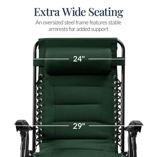 Alt view image 3 of 7 - Oversized Padded Zero Gravity Chair, Folding Outdoor Patio Recliner, XL Anti Gravity Lounger for Backyard w/Headrest, Cup Holder, Side Tray, Polyester Mesh - Forest Green