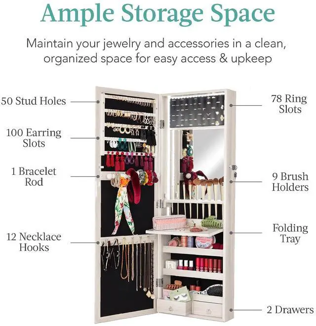 Alt view image 4 of 7 - LED Mirror Jewelry Cabinet, Tall Lockable Wall or Door Mounted Jewelry Armoire Organizer with Mirror, 2 Drawers, Lock, Cosmetic Tray, Shelves - Coastal White