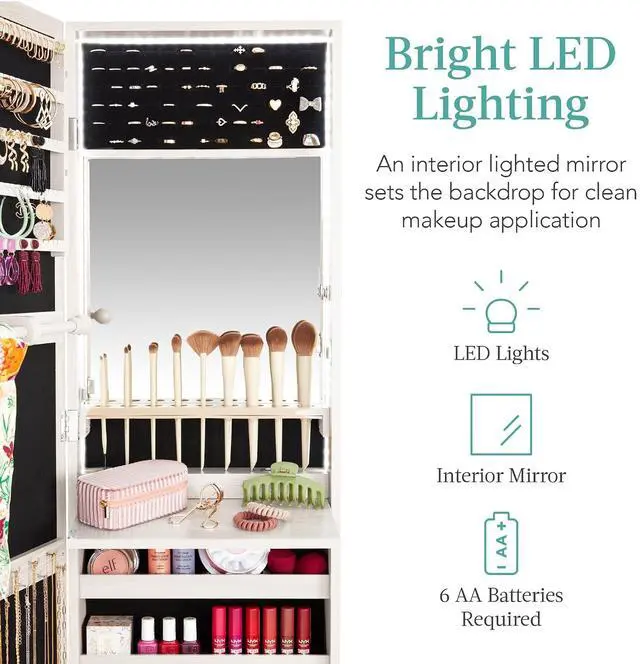 Alt view image 3 of 7 - LED Mirror Jewelry Cabinet, Tall Lockable Wall or Door Mounted Jewelry Armoire Organizer with Mirror, 2 Drawers, Lock, Cosmetic Tray, Shelves - Coastal White