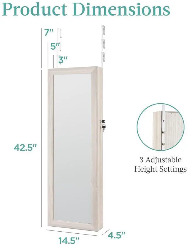Alt view image 7 of 7 - LED Mirror Jewelry Cabinet, Tall Lockable Wall or Door Mounted Jewelry Armoire Organizer with Mirror, 2 Drawers, Lock, Cosmetic Tray, Shelves - Coastal White