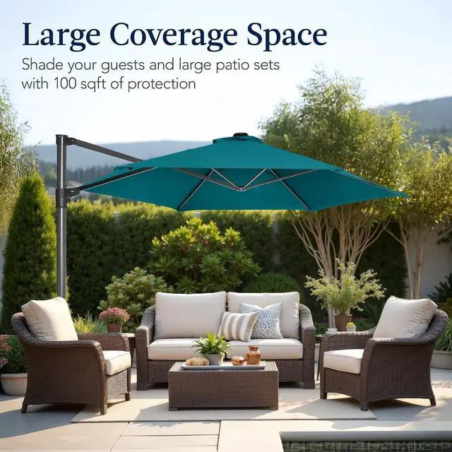 Alt view image 4 of 7 - 10ft Offset Cantilever Hanging Market Patio Umbrella, Smooth 360° Rotation, 8 Sturdy Ribs, Easy Adjustment - Cerulean