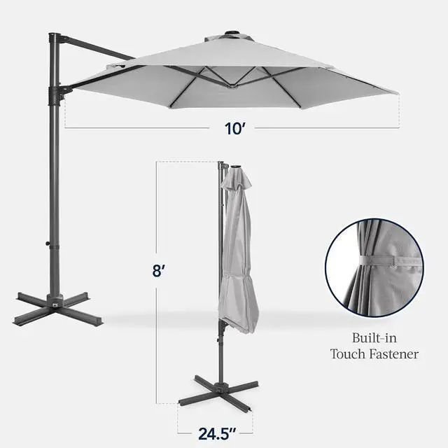 Alt view image 2 of 7 - 10ft Offset Cantilever Hanging Market Patio Umbrella, Smooth 360° Rotation, 8 Sturdy Ribs, Easy Adjustment - Fog Gray