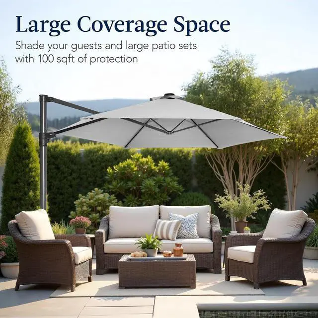 Alt view image 4 of 7 - 10ft Offset Cantilever Hanging Market Patio Umbrella, Smooth 360° Rotation, 8 Sturdy Ribs, Easy Adjustment - Fog Gray