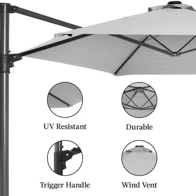 Alt view image 7 of 7 - 10ft Offset Cantilever Hanging Market Patio Umbrella, Smooth 360° Rotation, 8 Sturdy Ribs, Easy Adjustment - Fog Gray