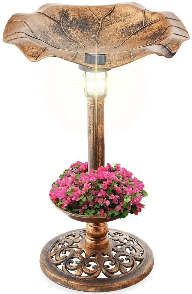 Main image of Best Choice Products Outdoor Solar Lighted Pedestal Bird Bath Fountain Decoration w/Planter, Integrated Panel, Scroll Accents for Lawn, Garden - Bronze
