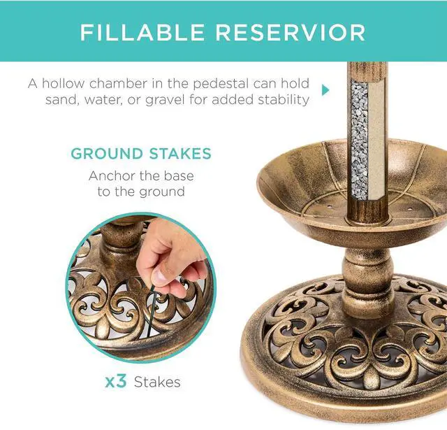 Alt view image 3 of 7 - Best Choice Products Outdoor Solar Lighted Pedestal Bird Bath Fountain Decoration w/Planter, Integrated Panel, Scroll Accents for Lawn, Garden - Bronze