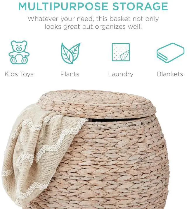Alt view image 6 of 7 - Multipurpose Hyacinth Storage Basket, Plant Décor, Handwoven Organizer Tote for Bedroom, Living Room, Nursery, w/Lid - Whitewash