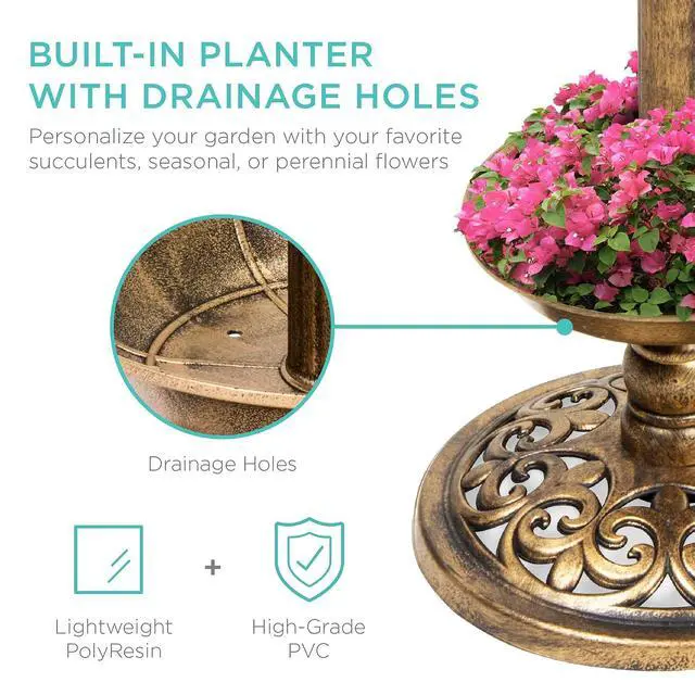 Alt view image 4 of 7 - Best Choice Products Outdoor Solar Lighted Pedestal Bird Bath Fountain Decoration w/Planter, Integrated Panel, Scroll Accents for Lawn, Garden - Bronze