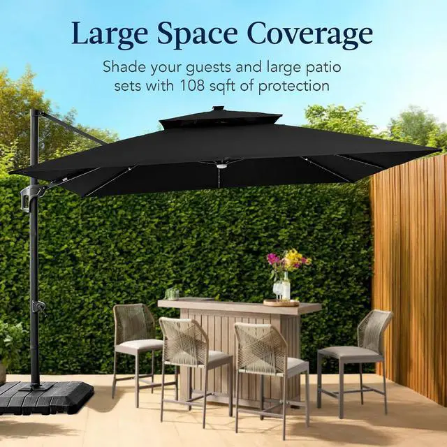 Alt view image 4 of 7 - 9x12ft LED Cantilever Patio Umbrella w/Base Included & 360° Rotation, Large Solar Offset Hanging Outdoor Sun Shade for Deck, Backyard Table w/Stand & Lights Black