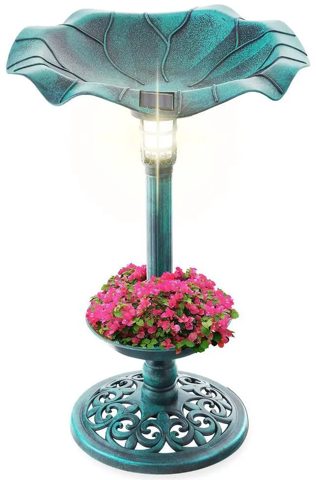 Main image of Best Choice Products Outdoor Solar Lighted Pedestal Bird Bath Fountain Decoration w/Planter, Integrated Panel, Scroll Accents for Lawn, Garden - Green