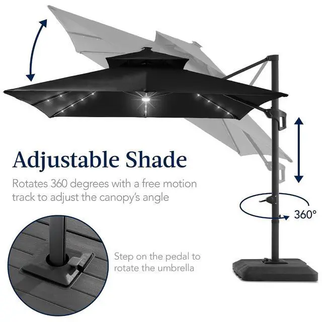 Alt view image 5 of 7 - 9x12ft LED Cantilever Patio Umbrella w/Base Included & 360° Rotation, Large Solar Offset Hanging Outdoor Sun Shade for Deck, Backyard Table w/Stand & Lights Black