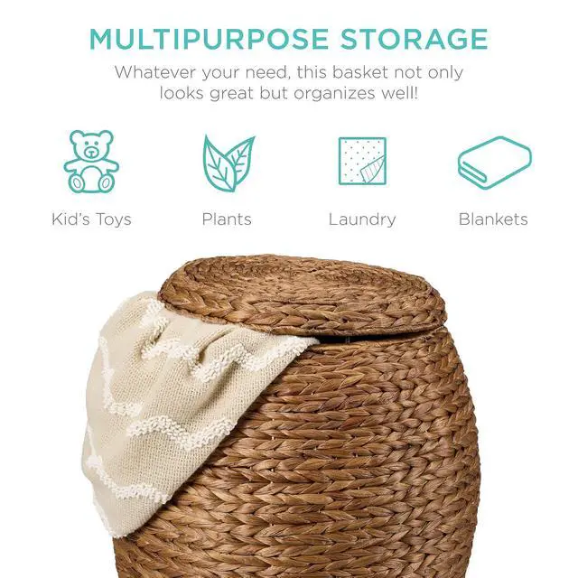 Alt view image 6 of 7 - Multipurpose Hyacinth Storage Basket, Plant Décor, Handwoven Organizer Tote for Bedroom, Living Room, Nursery, w/Lid - Chestnut