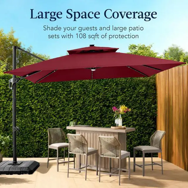 Alt view image 4 of 7 - 9x12ft LED Cantilever Patio Umbrella w/Base Included & 360° Rotation, Large Solar Offset Hanging Outdoor Sun Shade for Deck, Backyard Table w/Stand & Lights Burgundy