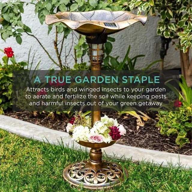 Alt view image 6 of 7 - Best Choice Products Outdoor Solar Lighted Pedestal Bird Bath Fountain Decoration w/Planter, Integrated Panel, Scroll Accents for Lawn, Garden - Bronze