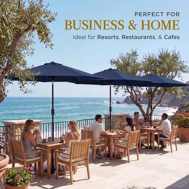 Alt view image 3 of 7 - 9ft Commercial Grade Patio Umbrella, 5-Year Fade Resistant 260 GSM Polyester Canopy, Rustproof Aluminum Frame, Smooth Tilt & Crank for Patio, Restaurant, Pool & Deck - Navy