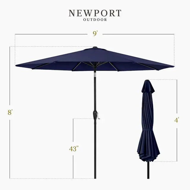 Alt view image 2 of 7 - 9ft Commercial Grade Patio Umbrella, 5-Year Fade Resistant 260 GSM Polyester Canopy, Rustproof Aluminum Frame, Smooth Tilt & Crank for Patio, Restaurant, Pool & Deck - Navy
