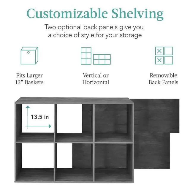 Alt view image 3 of 7 - Best Choice Products 6-Cube Storage Organizer, 13.5in Shelf Opening, Bookcase, Display Shelf, Customizable w/ 3 Removable Back Panels Dark Gray