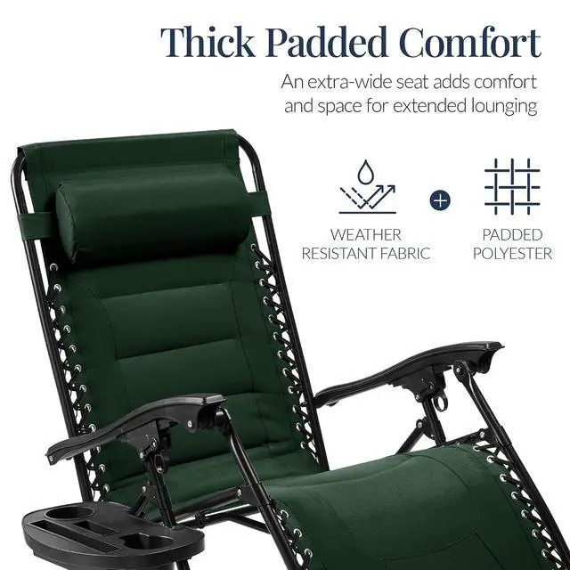 Alt view image 4 of 7 - Oversized Padded Zero Gravity Chair, Folding Outdoor Patio Recliner, XL Anti Gravity Lounger for Backyard w/Headrest, Cup Holder, Side Tray, Polyester Mesh - Forest Green