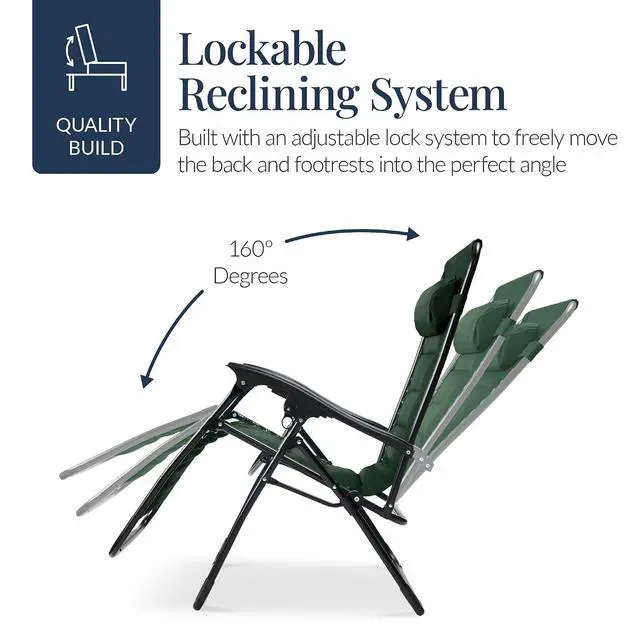 Alt view image 7 of 7 - Oversized Padded Zero Gravity Chair, Folding Outdoor Patio Recliner, XL Anti Gravity Lounger for Backyard w/Headrest, Cup Holder, Side Tray, Polyester Mesh - Forest Green