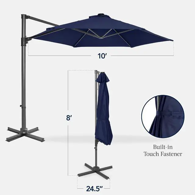 Alt view image 2 of 7 - 10ft Offset Cantilever Hanging Market Patio Umbrella, Smooth 360° Rotation, 8 Sturdy Ribs, Easy Adjustment - Navy Blue