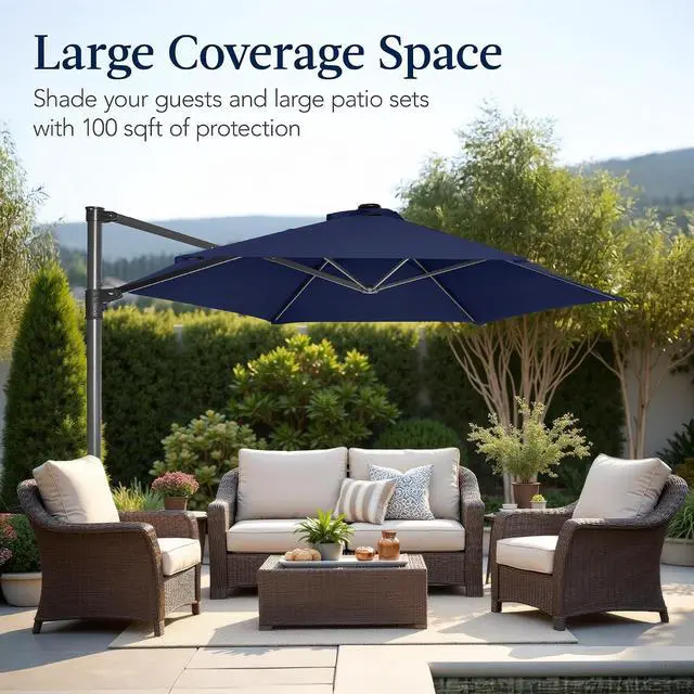 Alt view image 4 of 7 - 10ft Offset Cantilever Hanging Market Patio Umbrella, Smooth 360° Rotation, 8 Sturdy Ribs, Easy Adjustment - Navy Blue