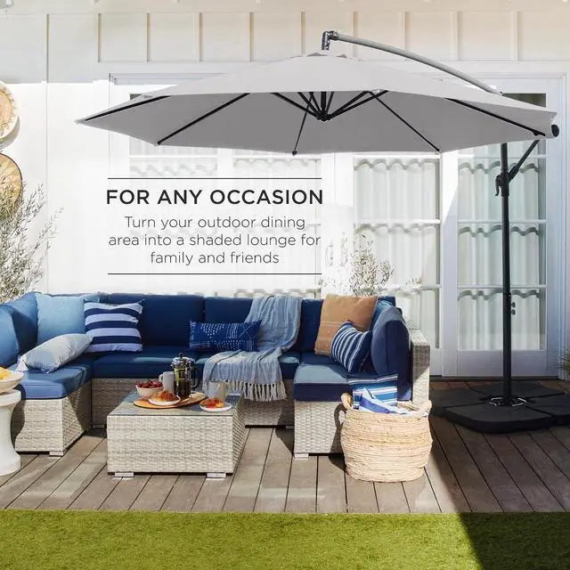 Alt view image 3 of 7 - 10ft Offset Cantilever Hanging Market Patio Umbrella, 8 Sturdy Ribs, Easy Adjustment - Fog Gray