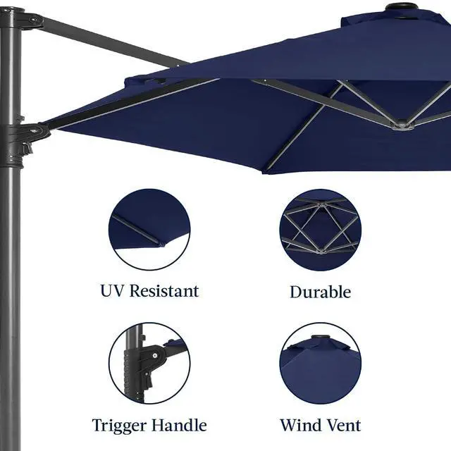 Alt view image 7 of 7 - 10ft Offset Cantilever Hanging Market Patio Umbrella, Smooth 360° Rotation, 8 Sturdy Ribs, Easy Adjustment - Navy Blue