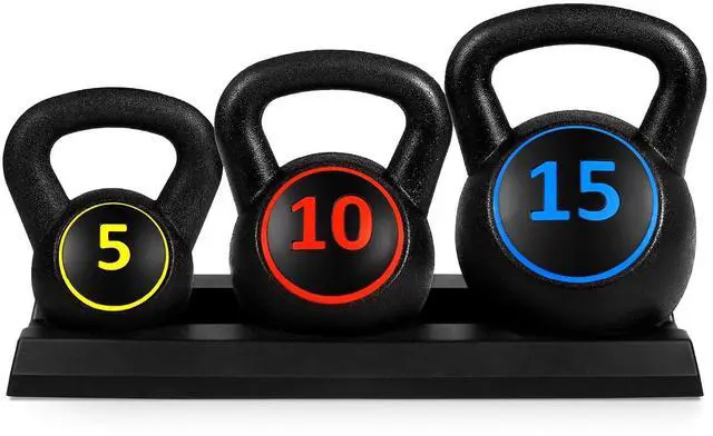 Main image of 3-Piece Kettlebell Set with Storage Rack, HDPE Coated Exercise Fitness Concrete Weights for Home Gym, Strength Training, HIIT Workout 5lb, 10lb, 15lb
