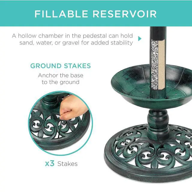 Alt view image 3 of 7 - Best Choice Products Outdoor Solar Lighted Pedestal Bird Bath Fountain Decoration w/Planter, Integrated Panel, Scroll Accents for Lawn, Garden - Green