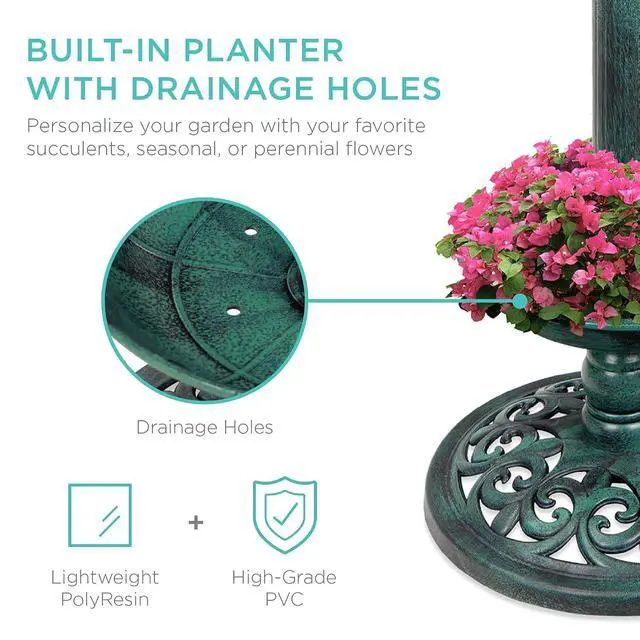 Alt view image 4 of 7 - Best Choice Products Outdoor Solar Lighted Pedestal Bird Bath Fountain Decoration w/Planter, Integrated Panel, Scroll Accents for Lawn, Garden - Green