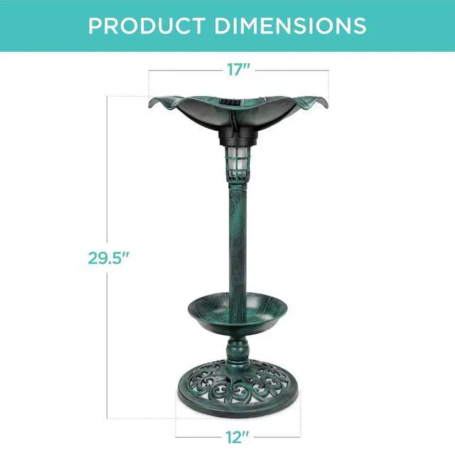 Alt view image 7 of 7 - Best Choice Products Outdoor Solar Lighted Pedestal Bird Bath Fountain Decoration w/Planter, Integrated Panel, Scroll Accents for Lawn, Garden - Green